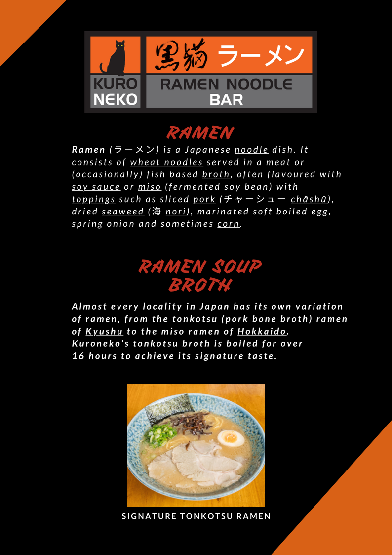 Menu, Kuroneko Ramen Noodle Bar