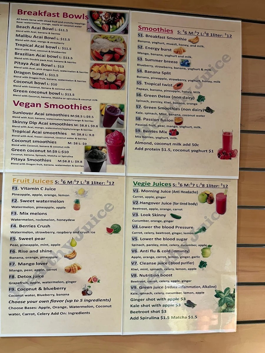 Menu, Healthy juice
