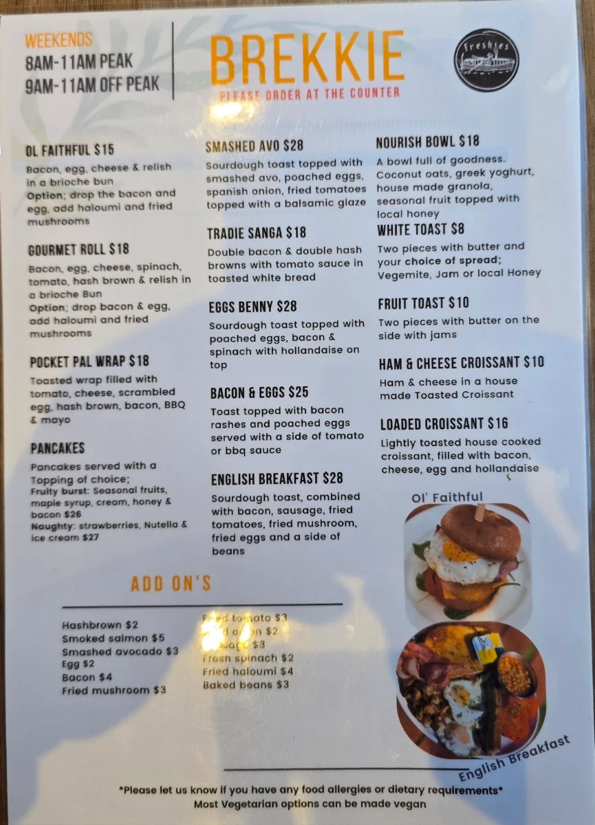 Menu, Freshies Cafe