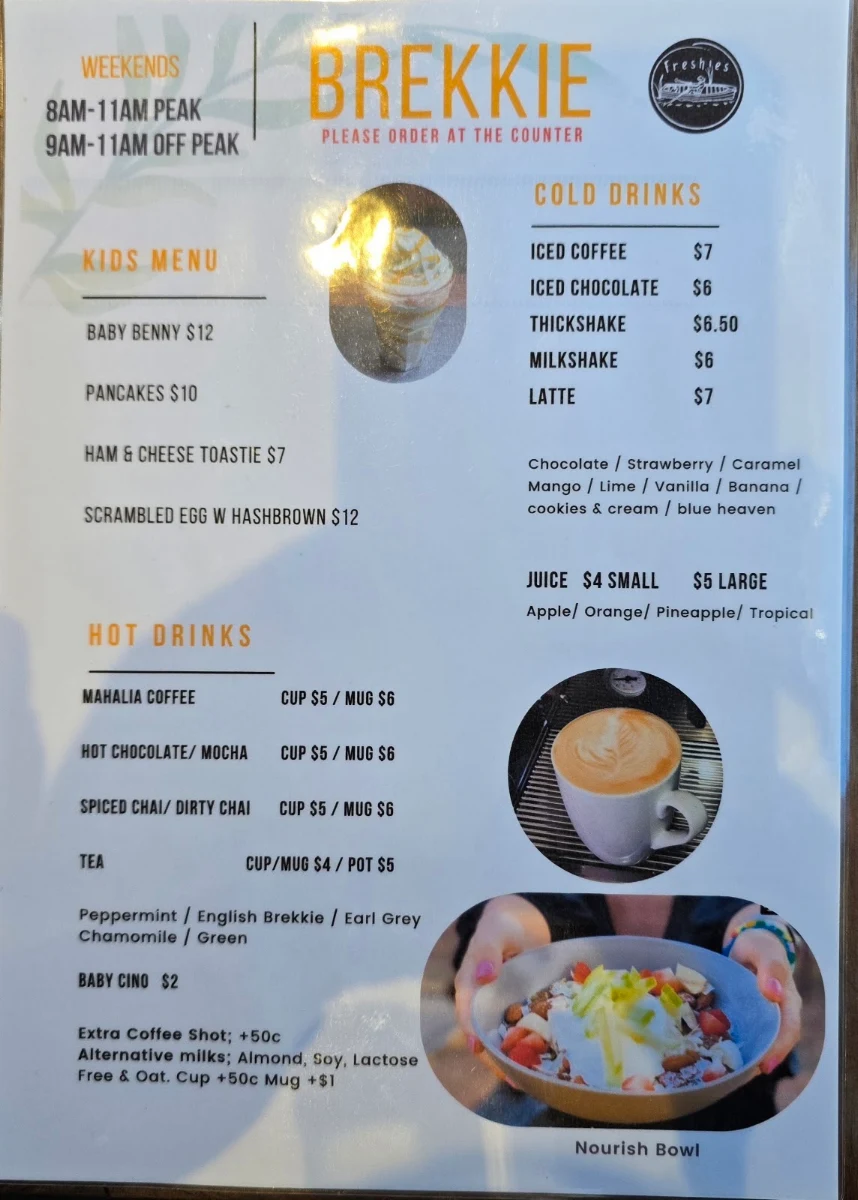 Menu, Freshies Cafe