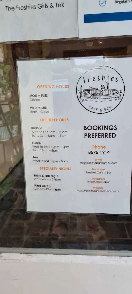 Menu, Freshies Cafe
