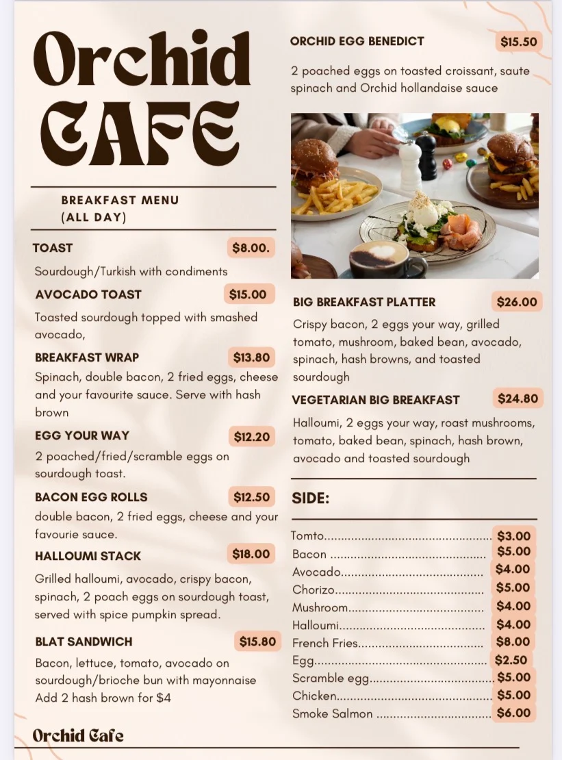 Menu, Orchid Cafe 38 Atchison St St.Leonards