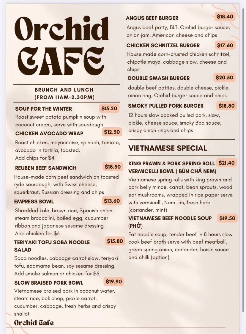Menu, Orchid Cafe 38 Atchison St St.Leonards