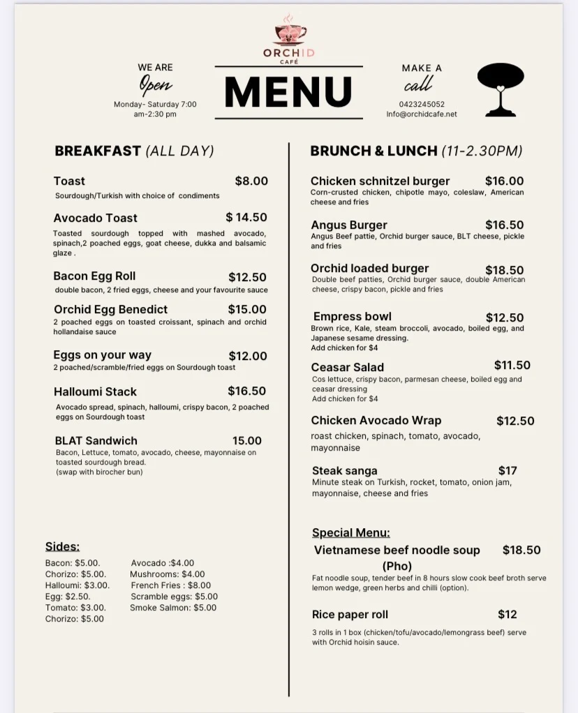 Menu, Orchid Cafe 38 Atchison St St.Leonards