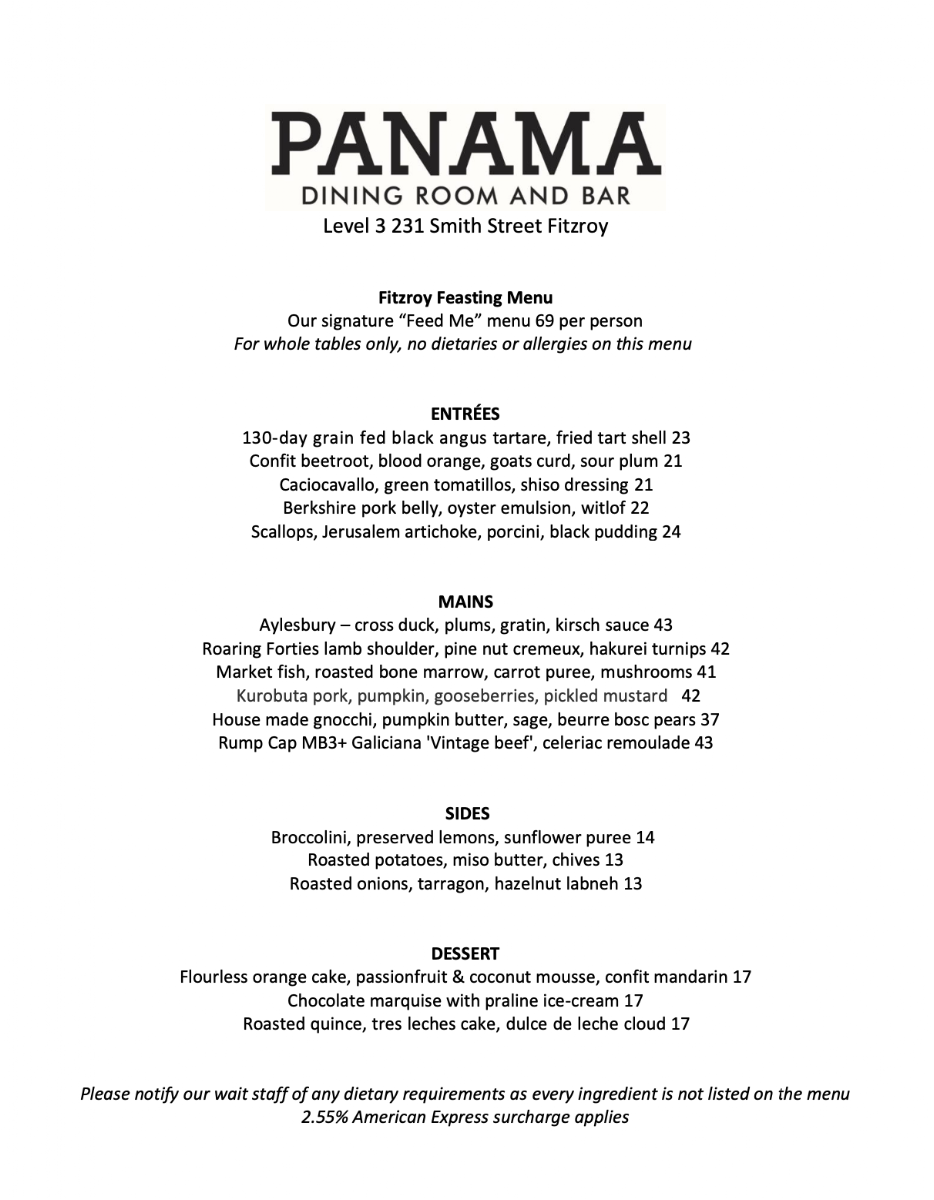 Menu, Panama Dining Room