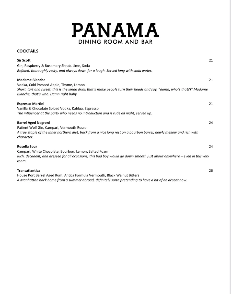 Menu, Panama Dining Room