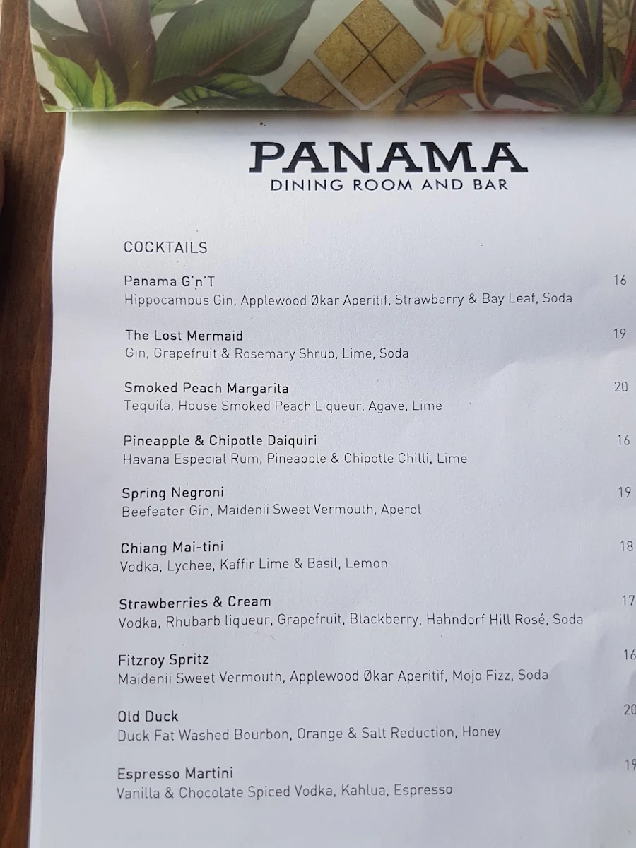 Menu, Panama Dining Room