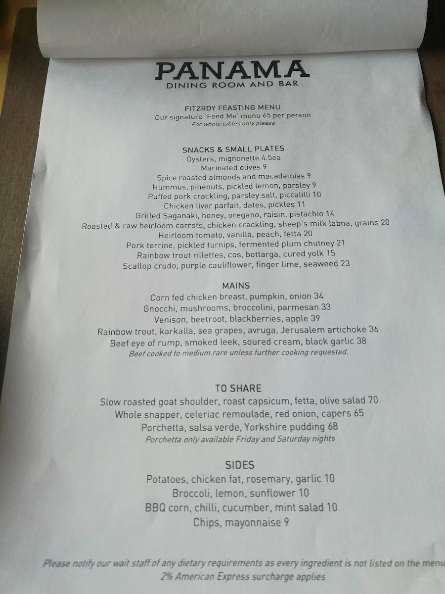 Menu, Panama Dining Room