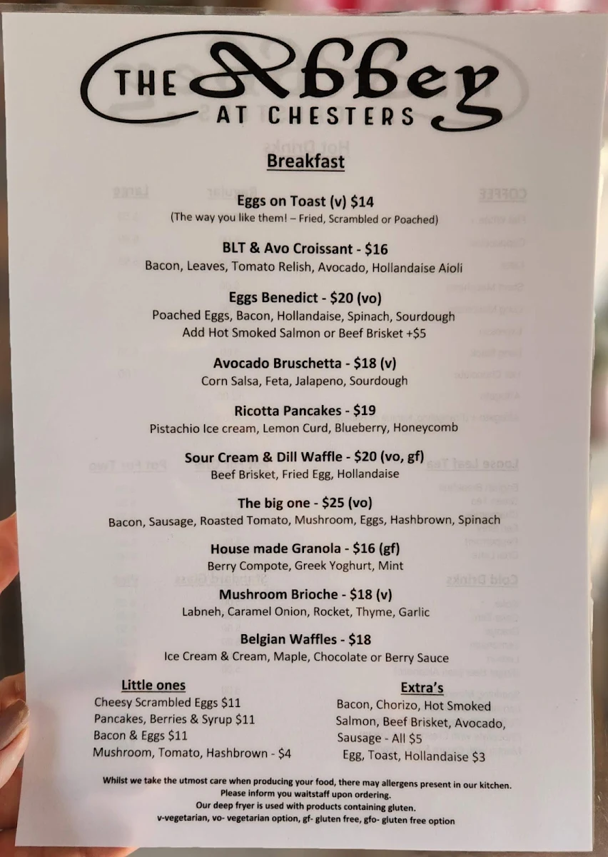 Menu, The Abbey
