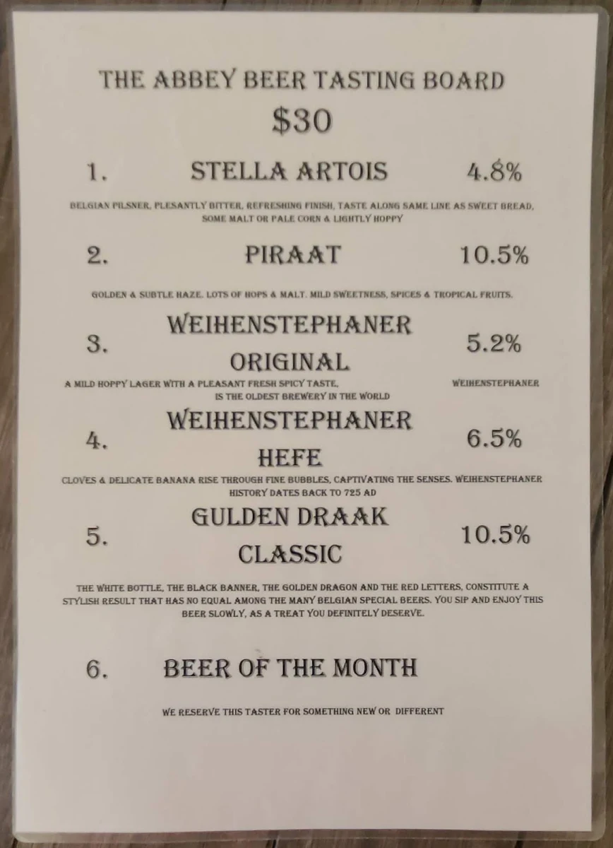 Menu, The Abbey