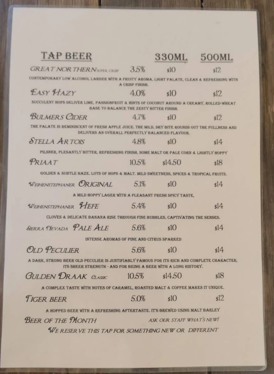 Menu, The Abbey