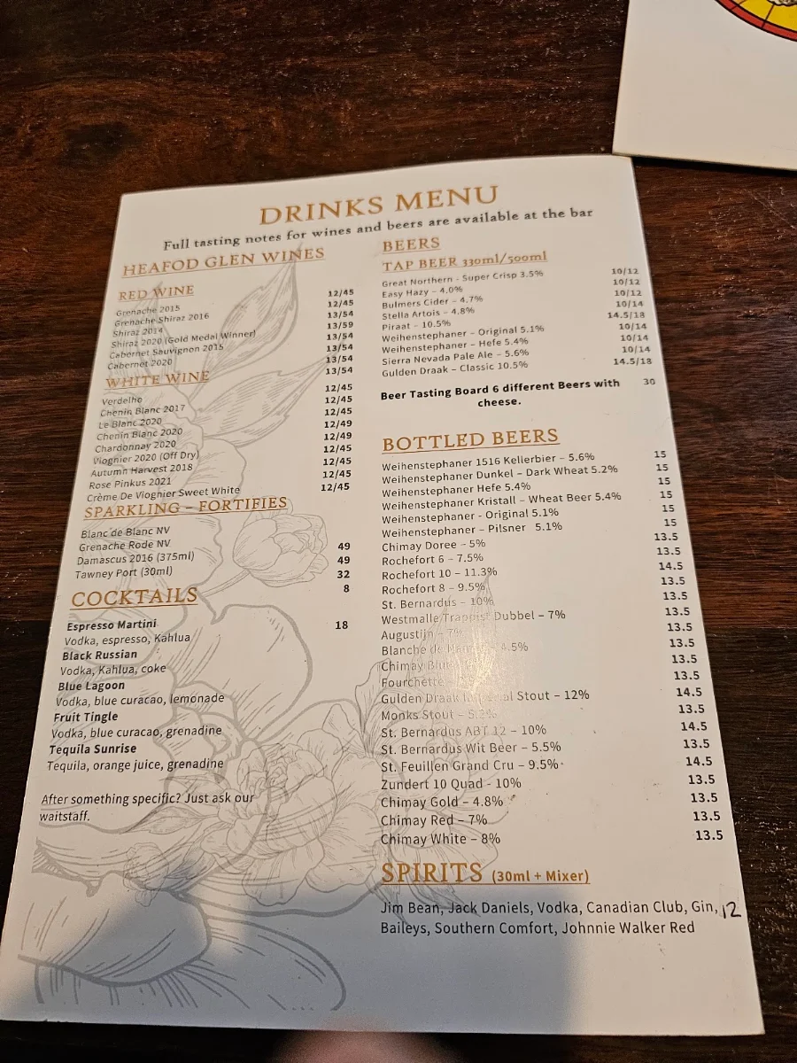 Menu, The Abbey