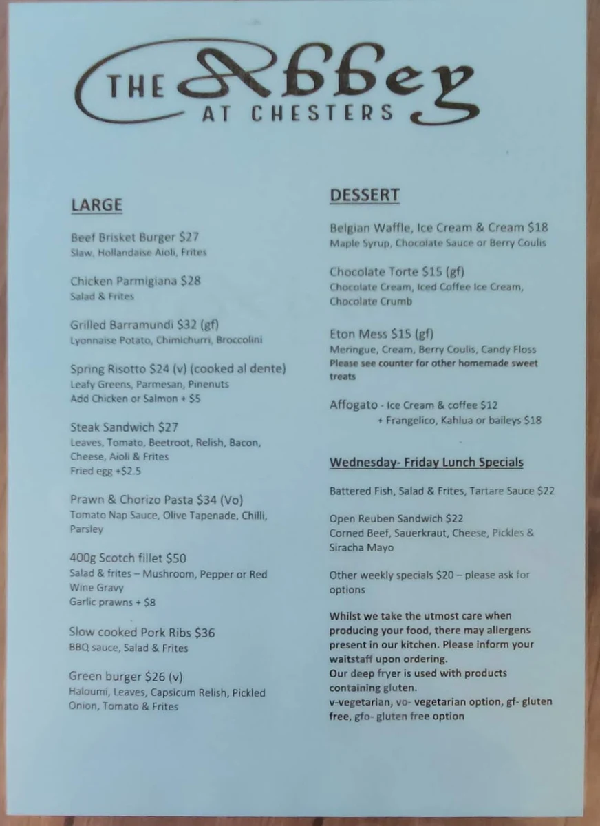 Menu, The Abbey