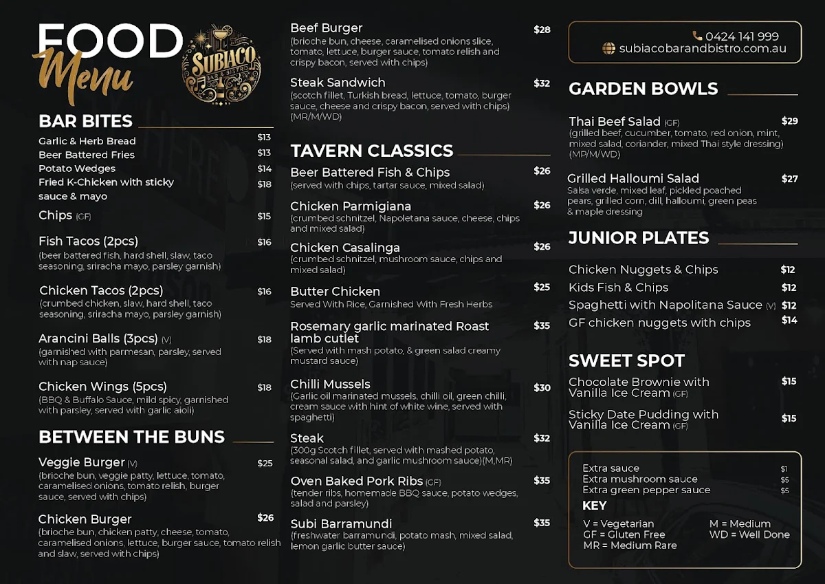 Menu, Subiaco Bar & Bistro