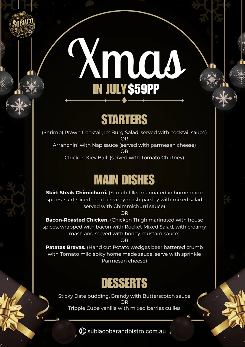Menu, Subiaco Bar & Bistro