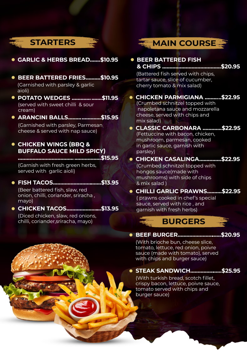 Menu, Subiaco Bar & Bistro