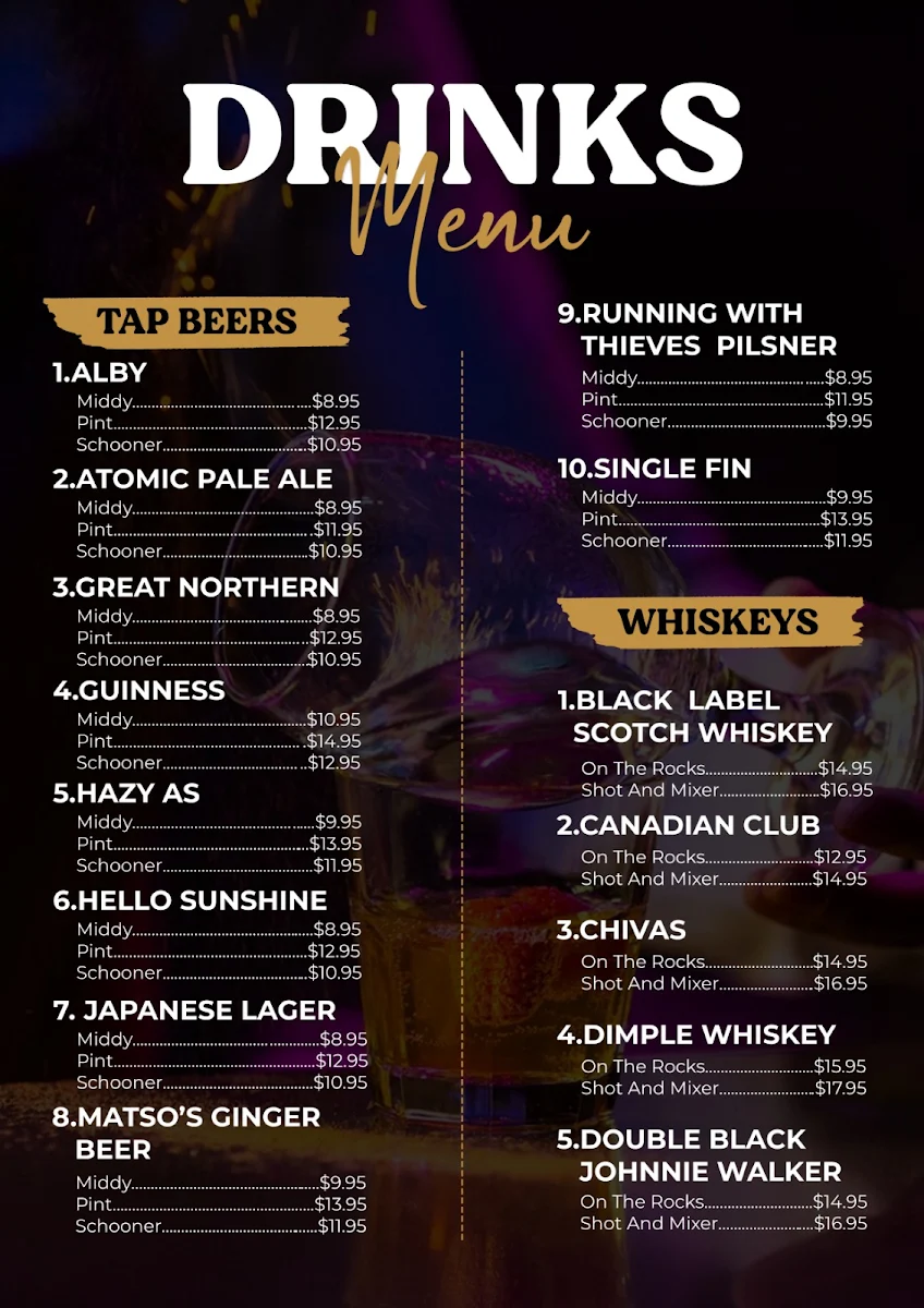 Menu, Subiaco Bar & Bistro