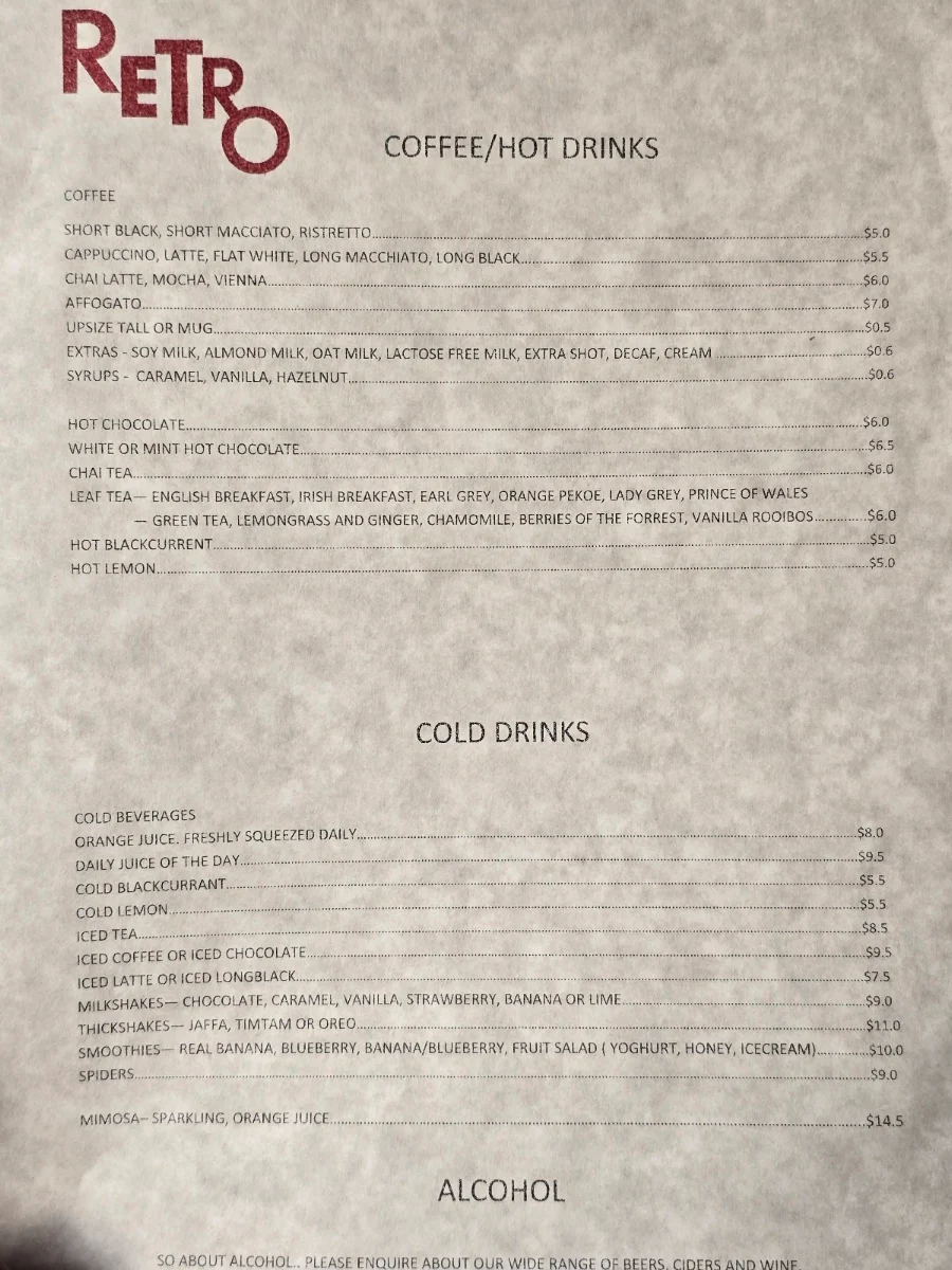 Menu, The Retro Cafe