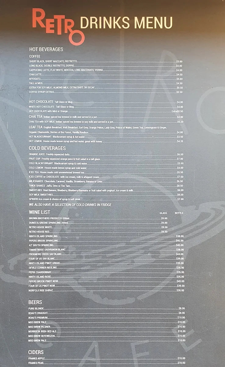Menu, The Retro Cafe