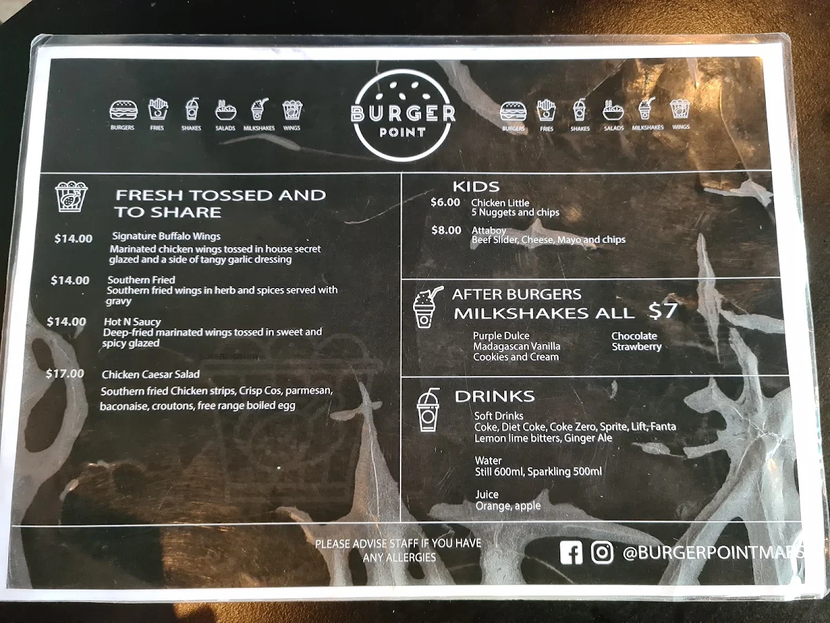 Menu, Burger Point Marsden Park