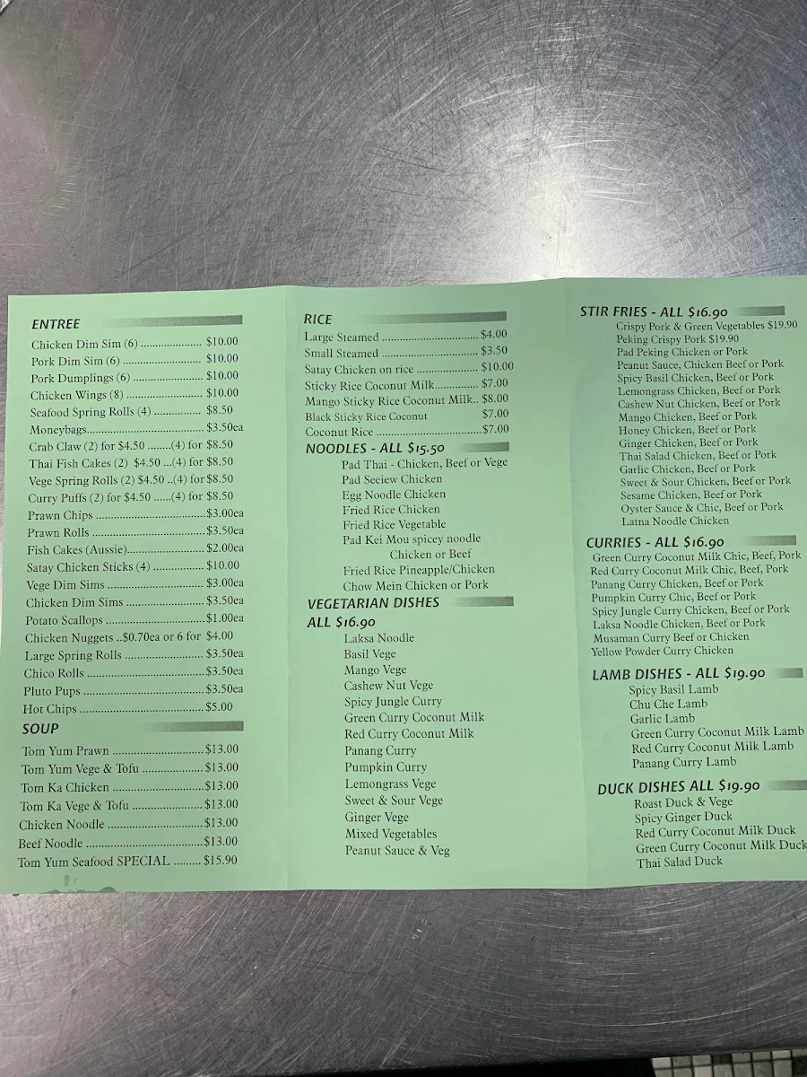 Menu, Belmont Gourmet Thai Take Away