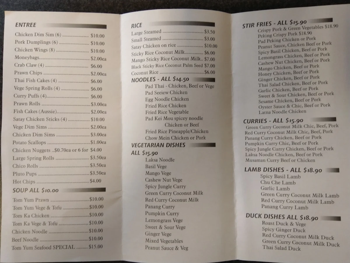 Menu, Belmont Gourmet Thai Take Away