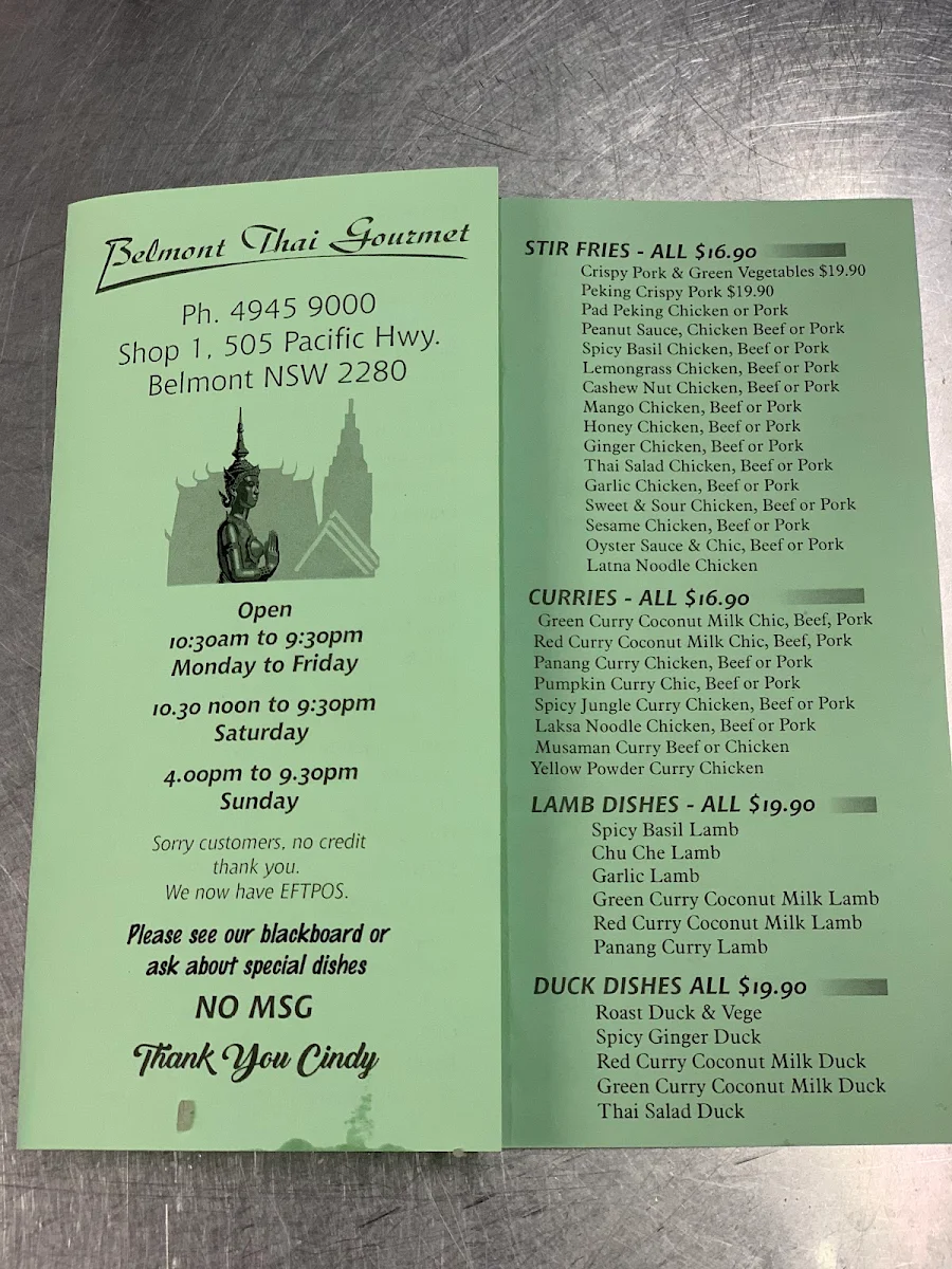 Menu, Belmont Gourmet Thai Take Away