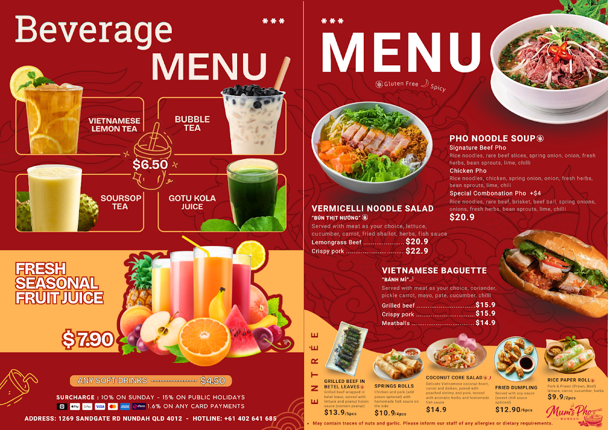 Menu, Mum's Pho Nundah