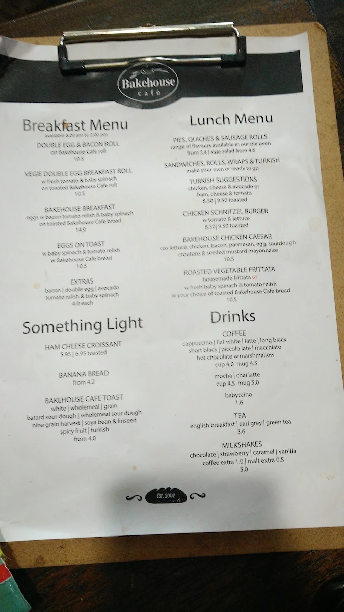 Menu, Bakehouse Cafe (Barralong Rd, Erina)