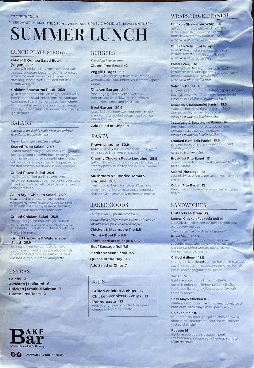 Menu, Bake Bar