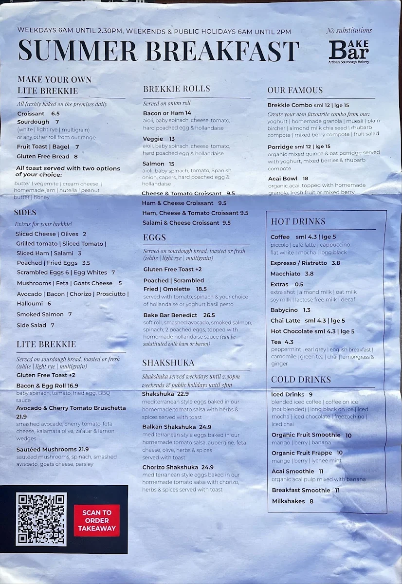 Menu, Bake Bar