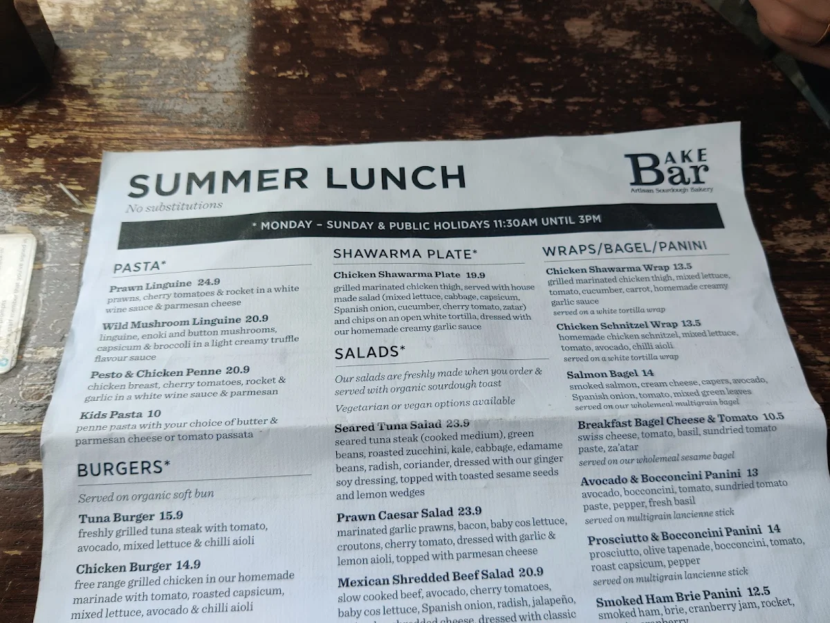 Menu, Bake Bar