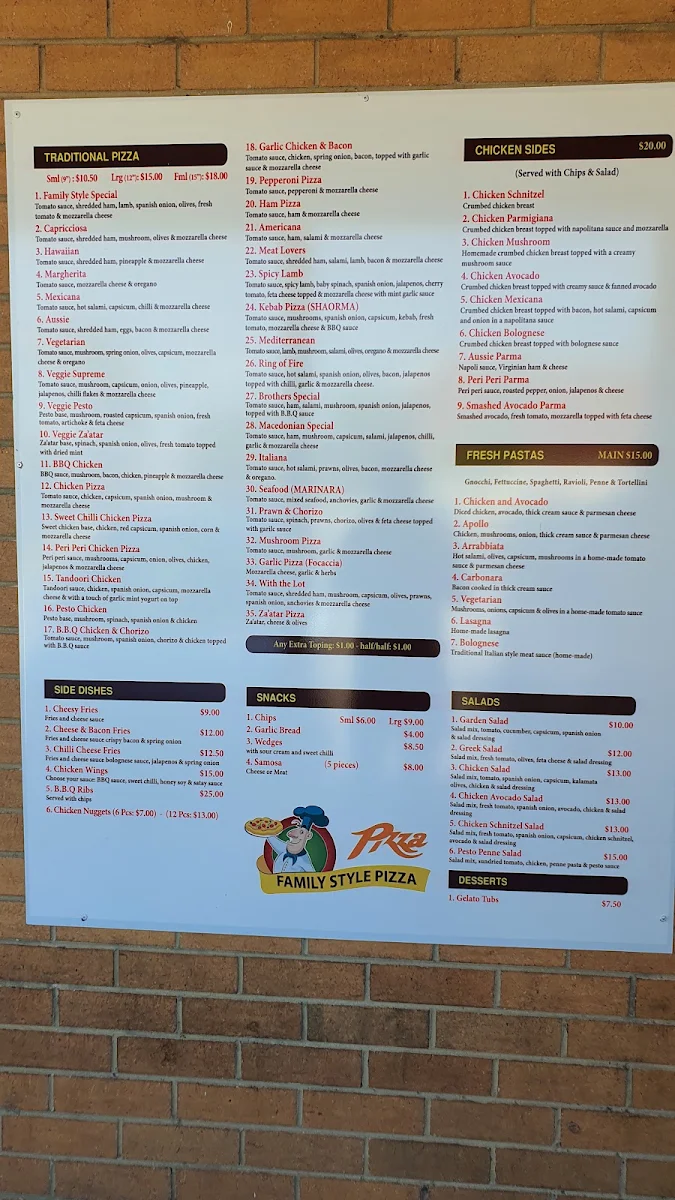 Menu, Family Style Pizza