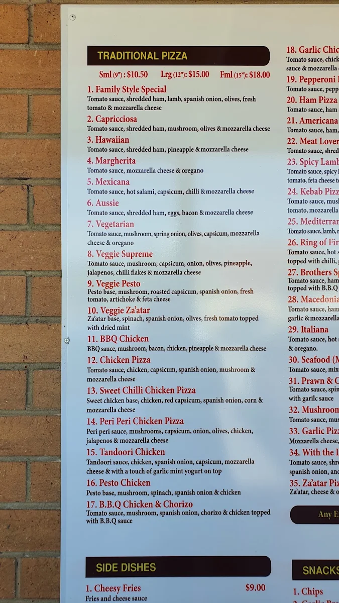 Menu, Family Style Pizza