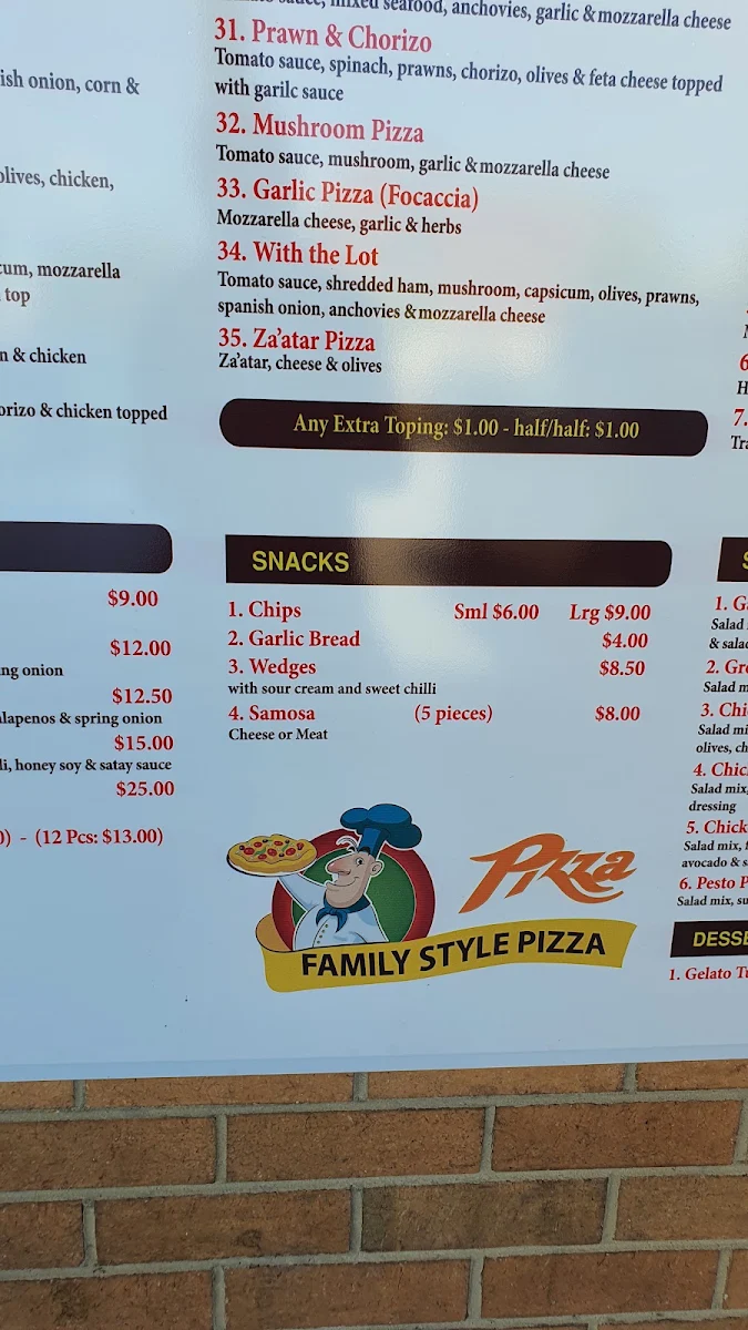 Menu, Family Style Pizza