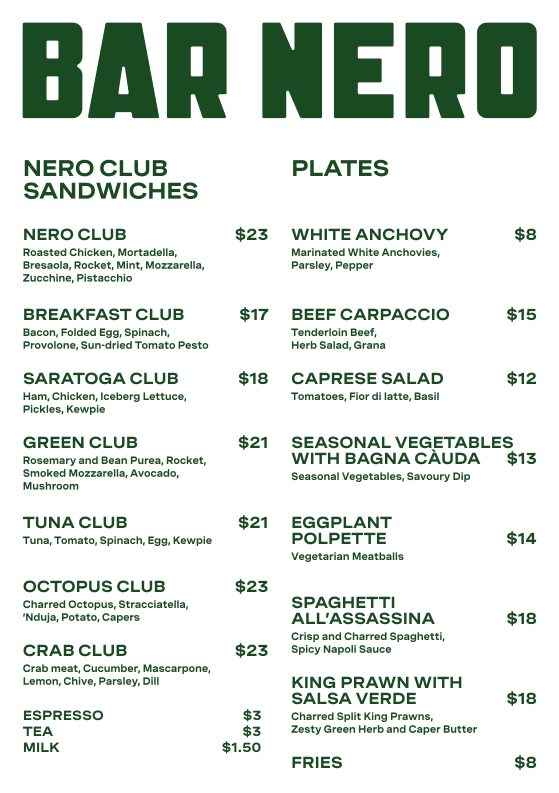 Menu, Bar Nero