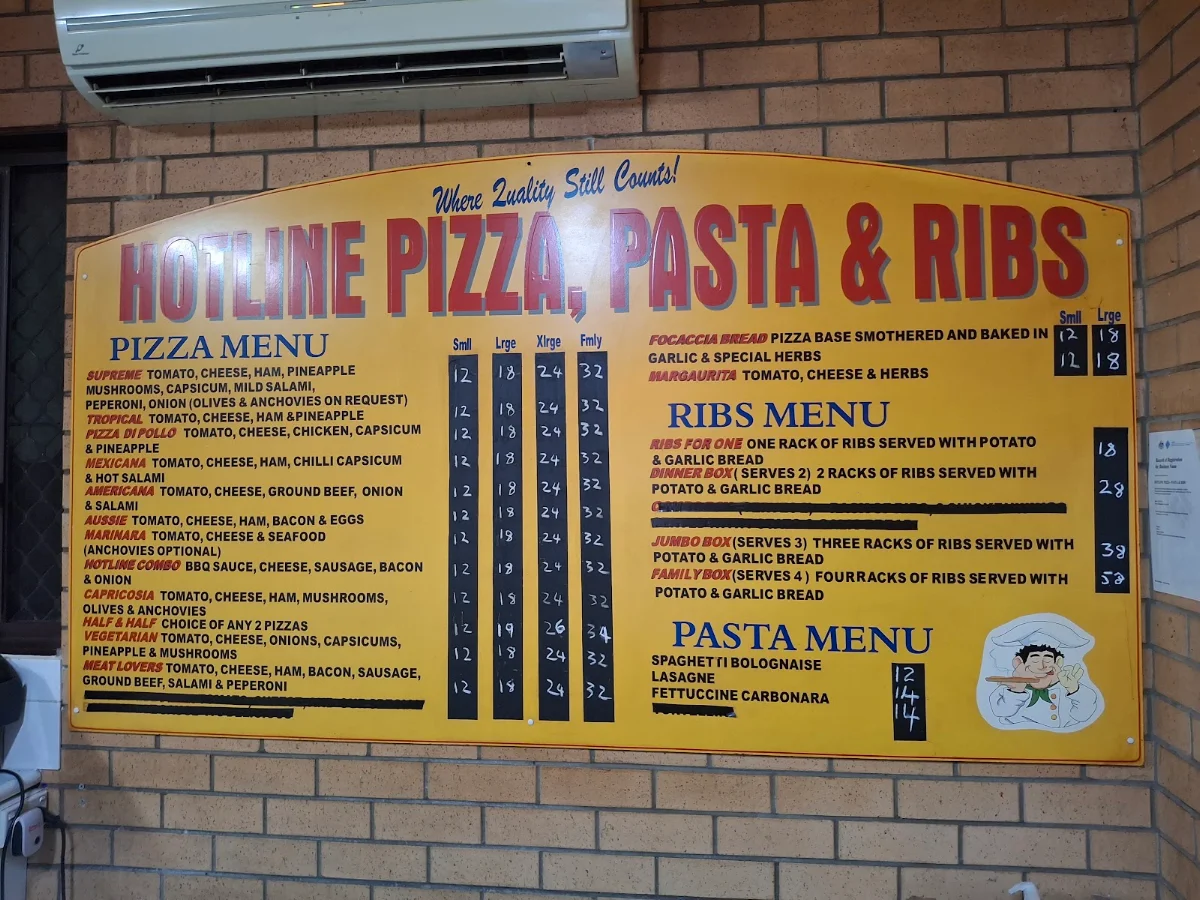 Menu, Hotline Pizza Pasta & Ribs