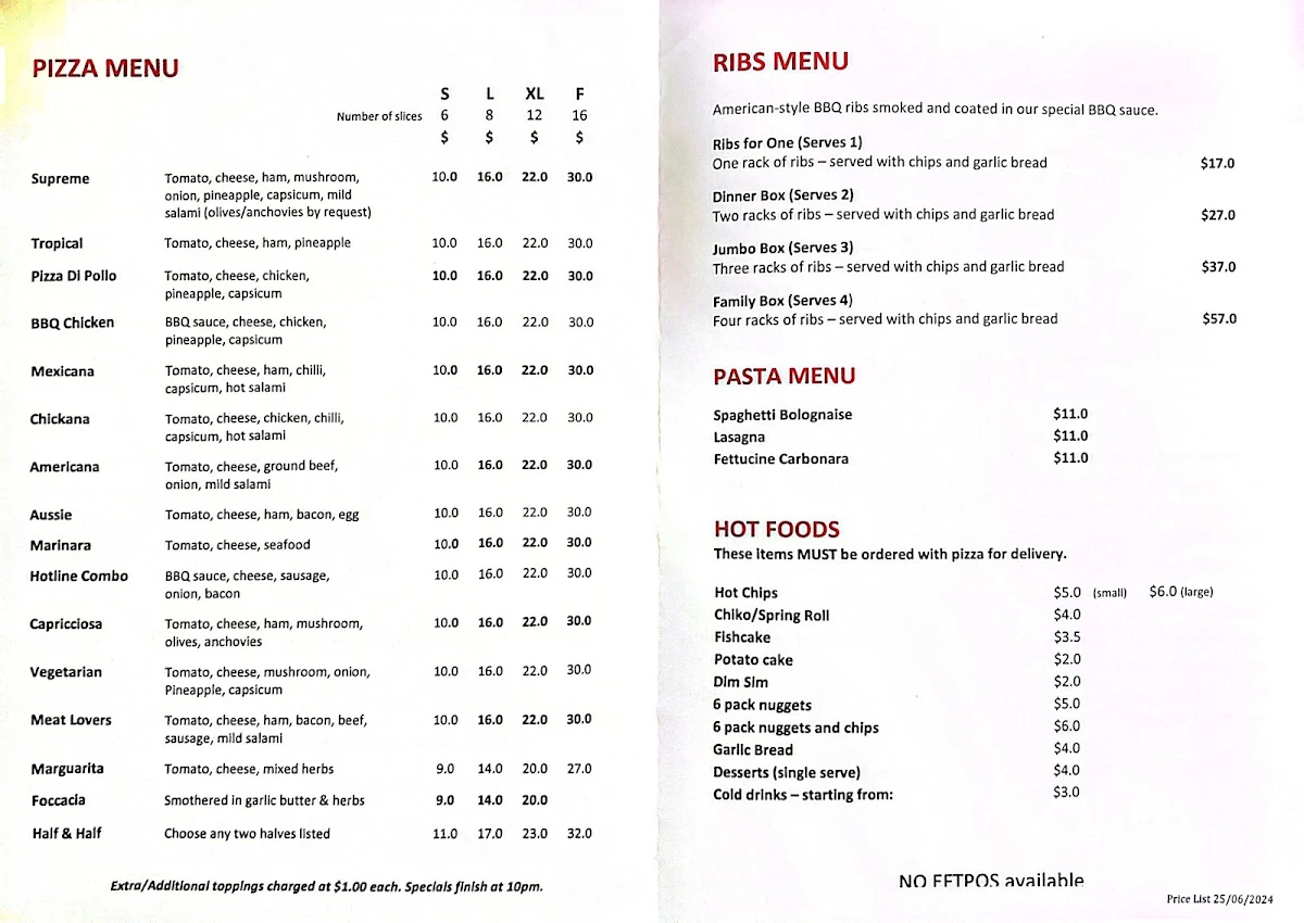 Menu, Hotline Pizza Pasta & Ribs