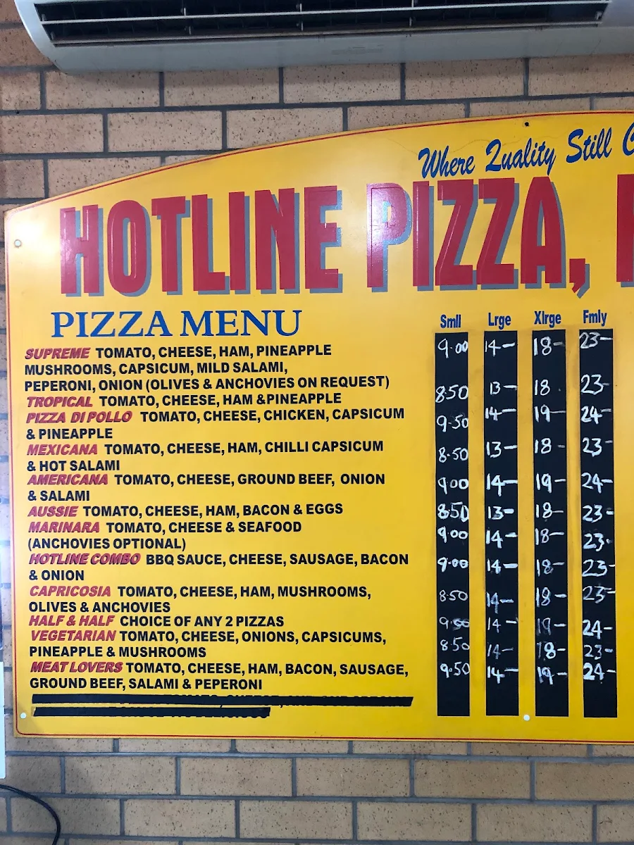 Menu, Hotline Pizza Pasta & Ribs