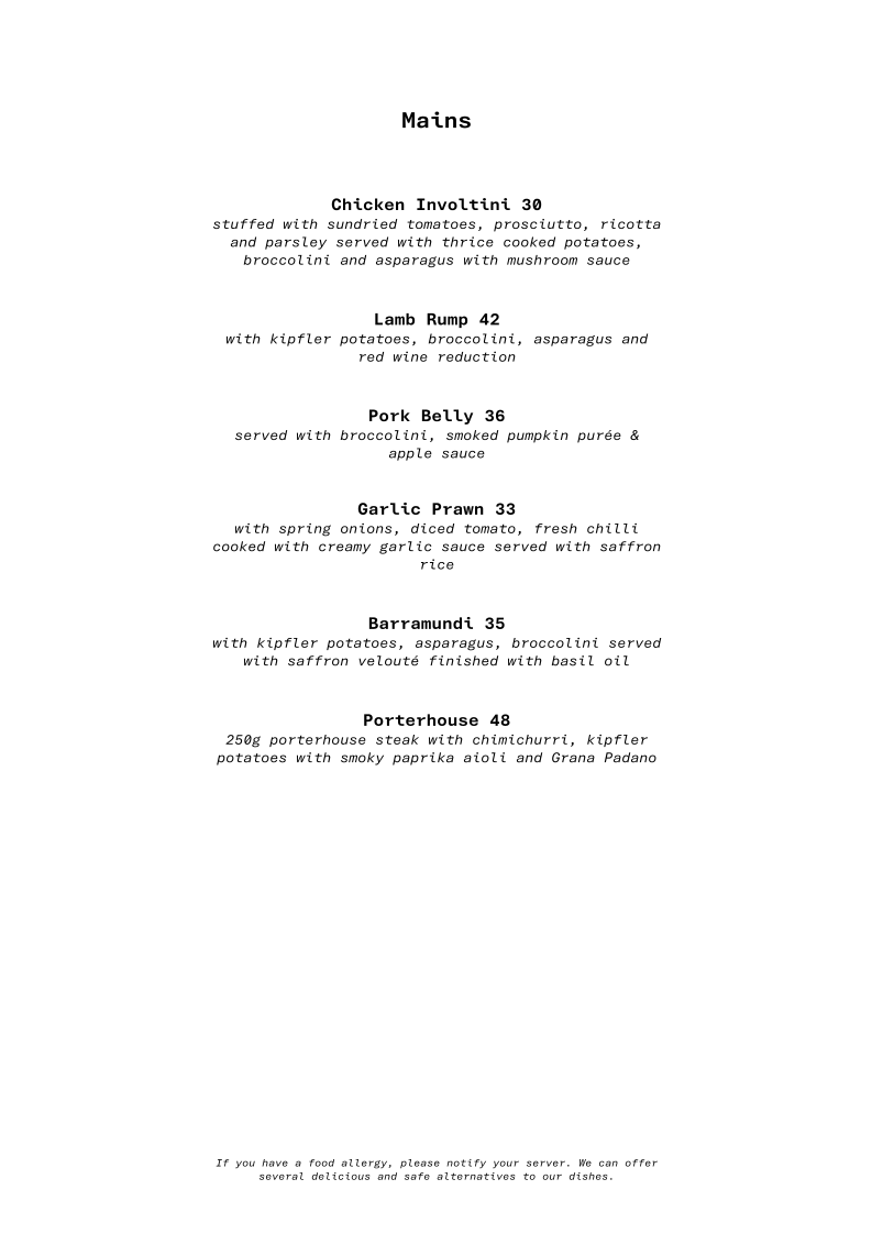 Menu, Mr Burton