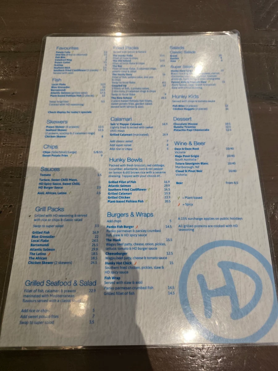 Menu, Hunky Dory Epping