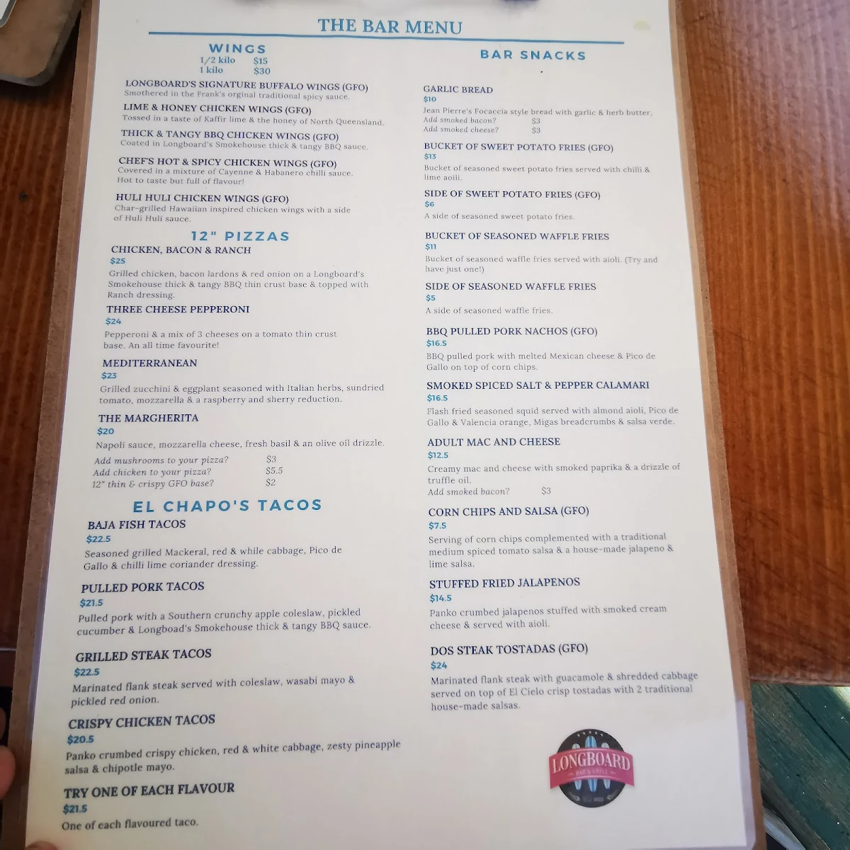 Menu, Longboard Bar & Grill