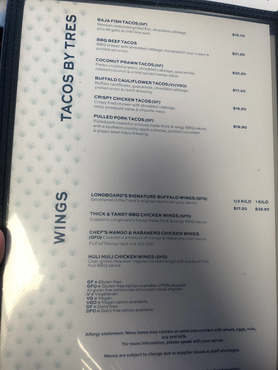 Menu, Longboard Bar & Grill