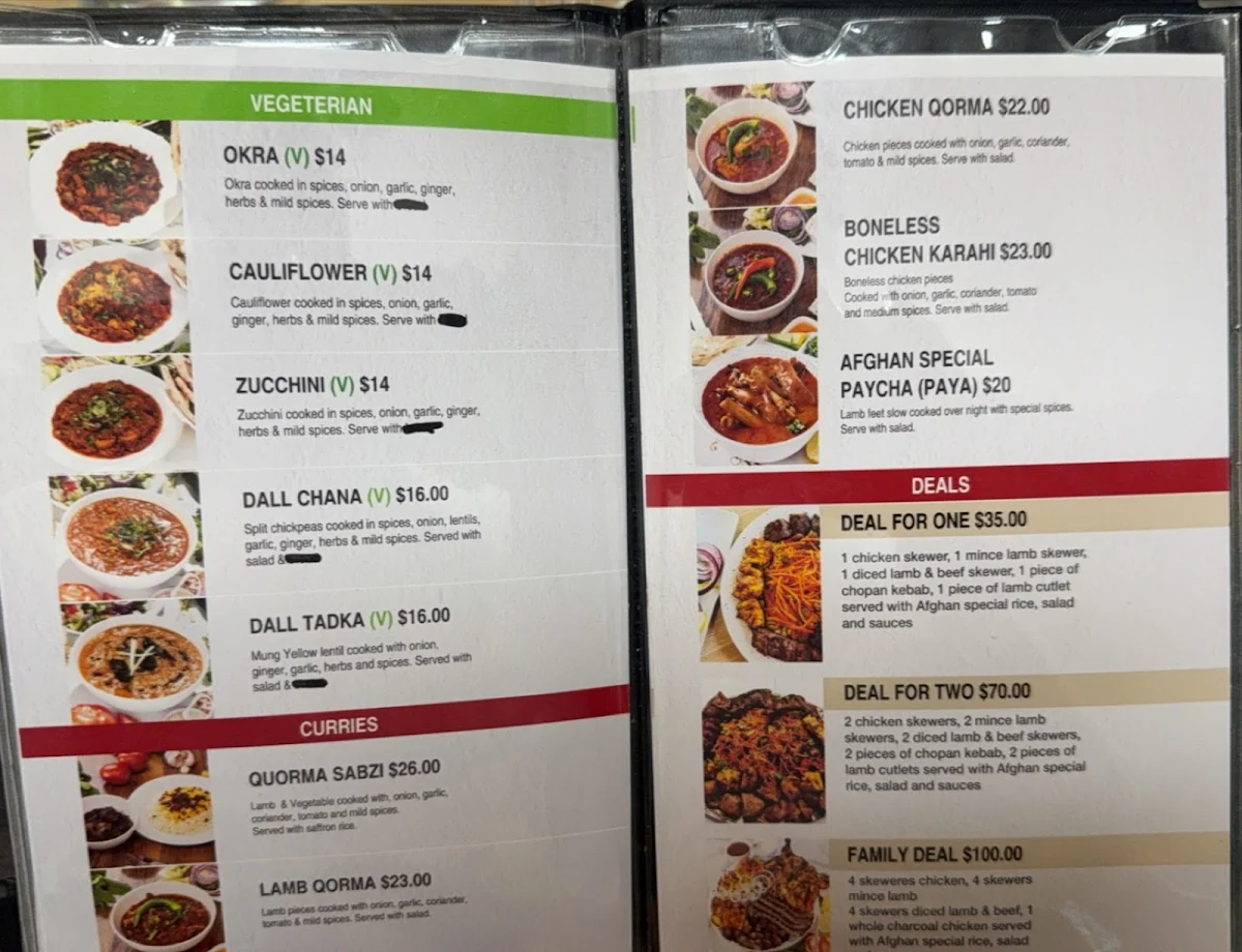 Menu, Afghan Kebab Carlton حلال