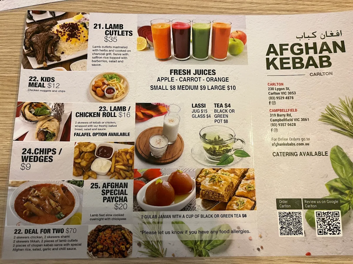Menu, Afghan Kebab Carlton حلال