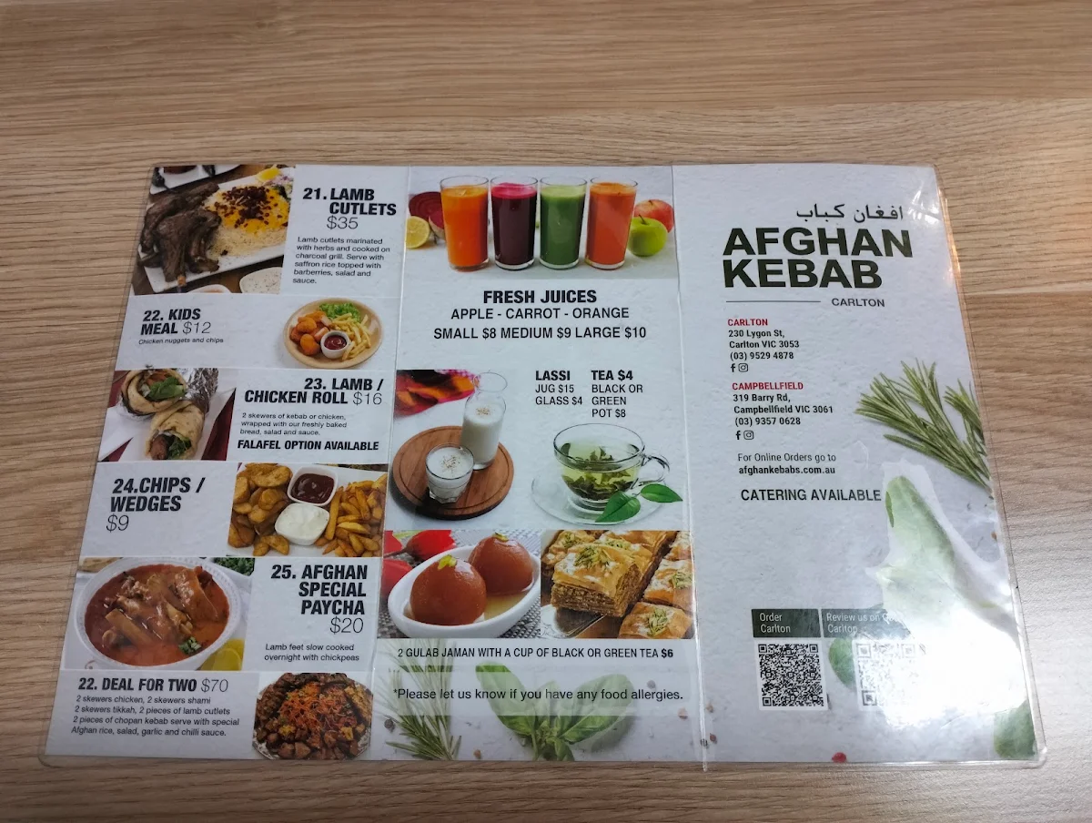 Menu, Afghan Kebab Carlton حلال