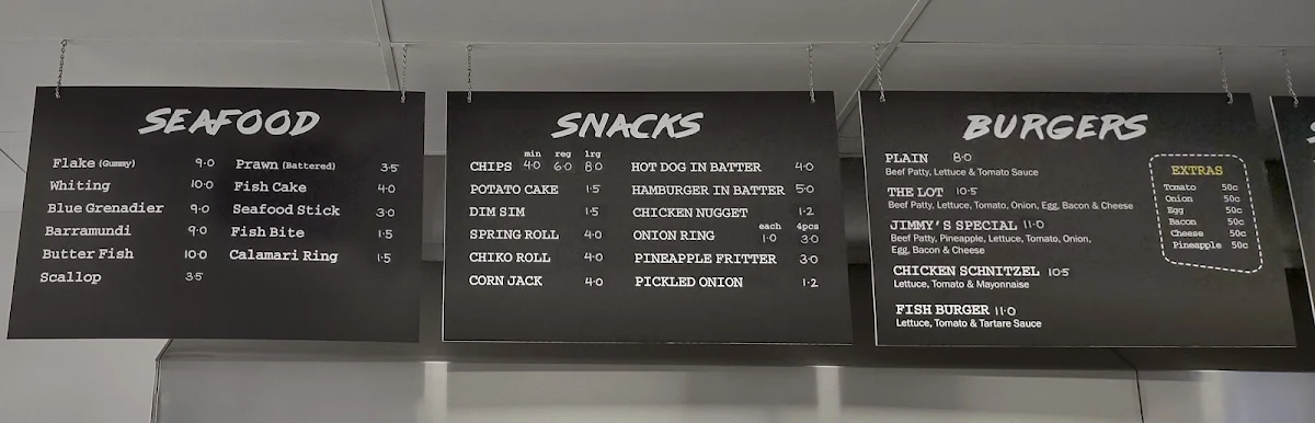 Menu, Jim's Fish Shop
