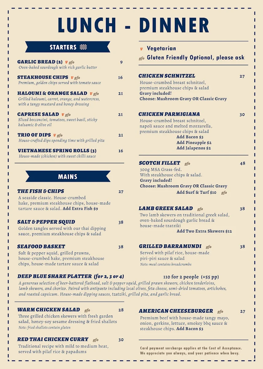 Menu, Deep Blue Cafe