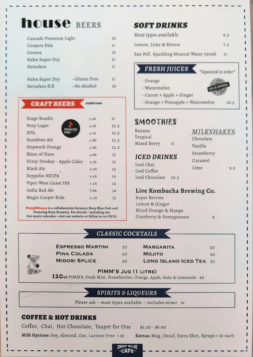 Menu, Deep Blue Cafe