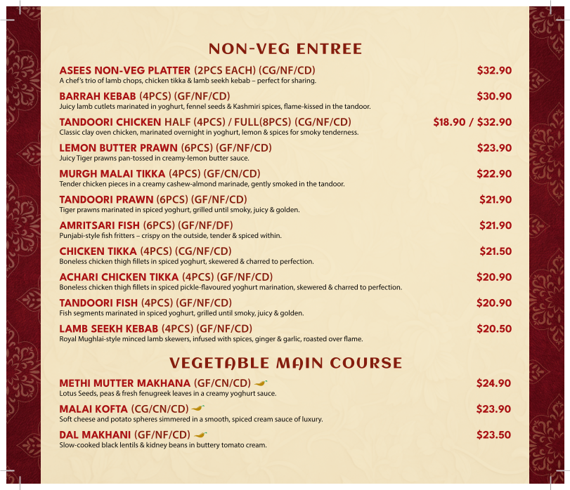 Menu, Asees Indian Restaurant Wollongong